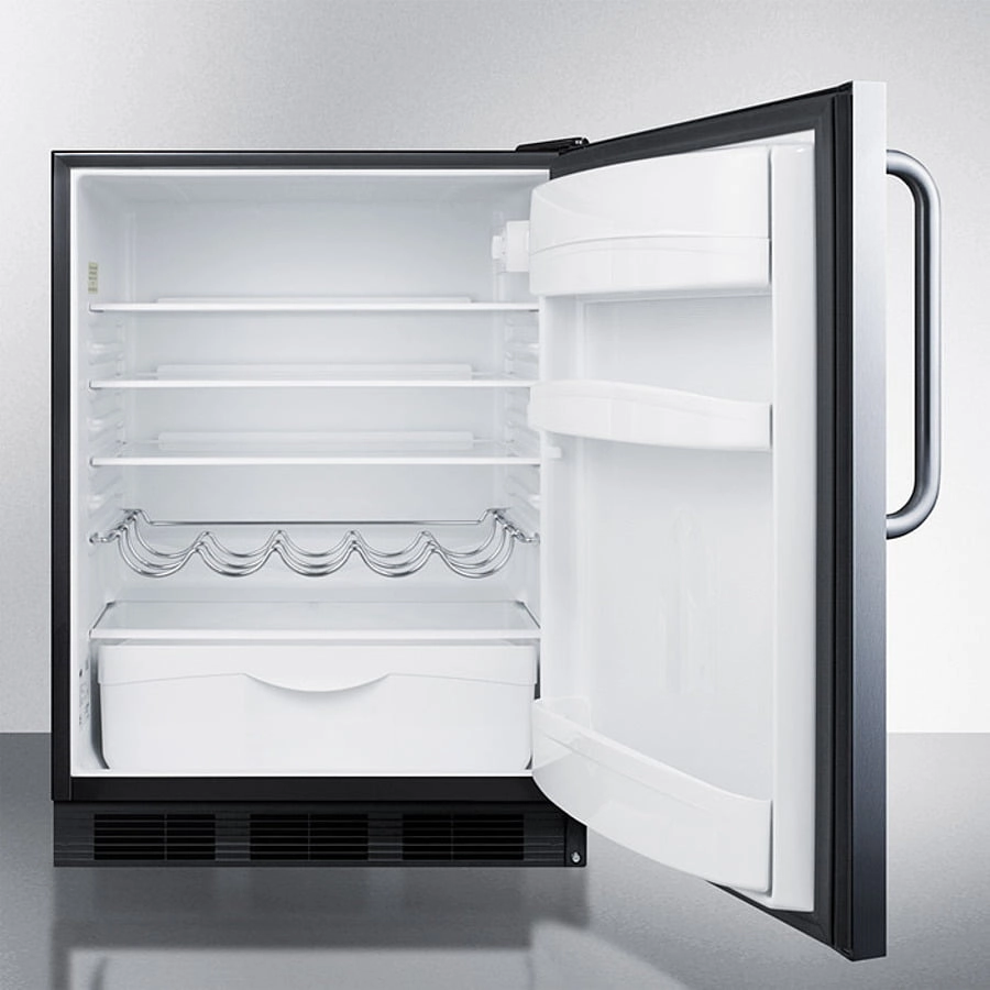 Summit FF63BKBISSTBADA Ada Compliant Built-In Undercounter All-Refrigerator For Residential Use, Auto Defrost With Stainless Steel Wrapped Door, Towel Bar Handle, And Black Cabinet