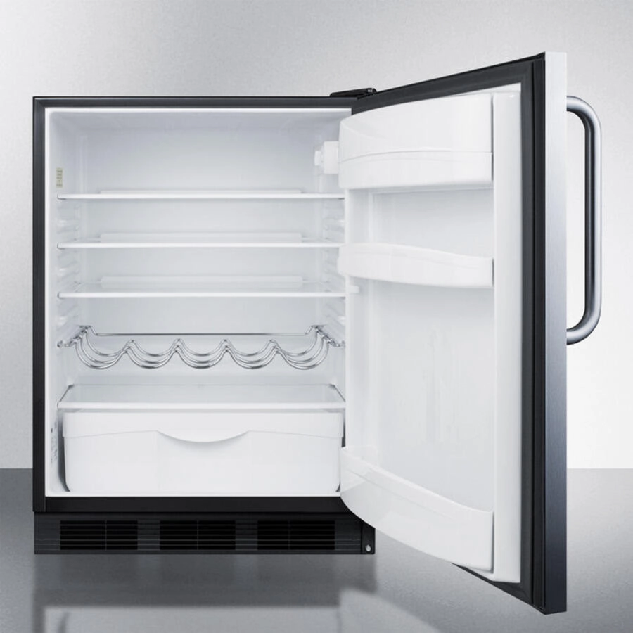 Summit FF63BSSTBADA Ada Compliant Freestanding All-Refrigerator For Residential Use, Auto Defrost With Black Cabinet, Stainless Steel Wrapped Door, And Towel Bar Handle