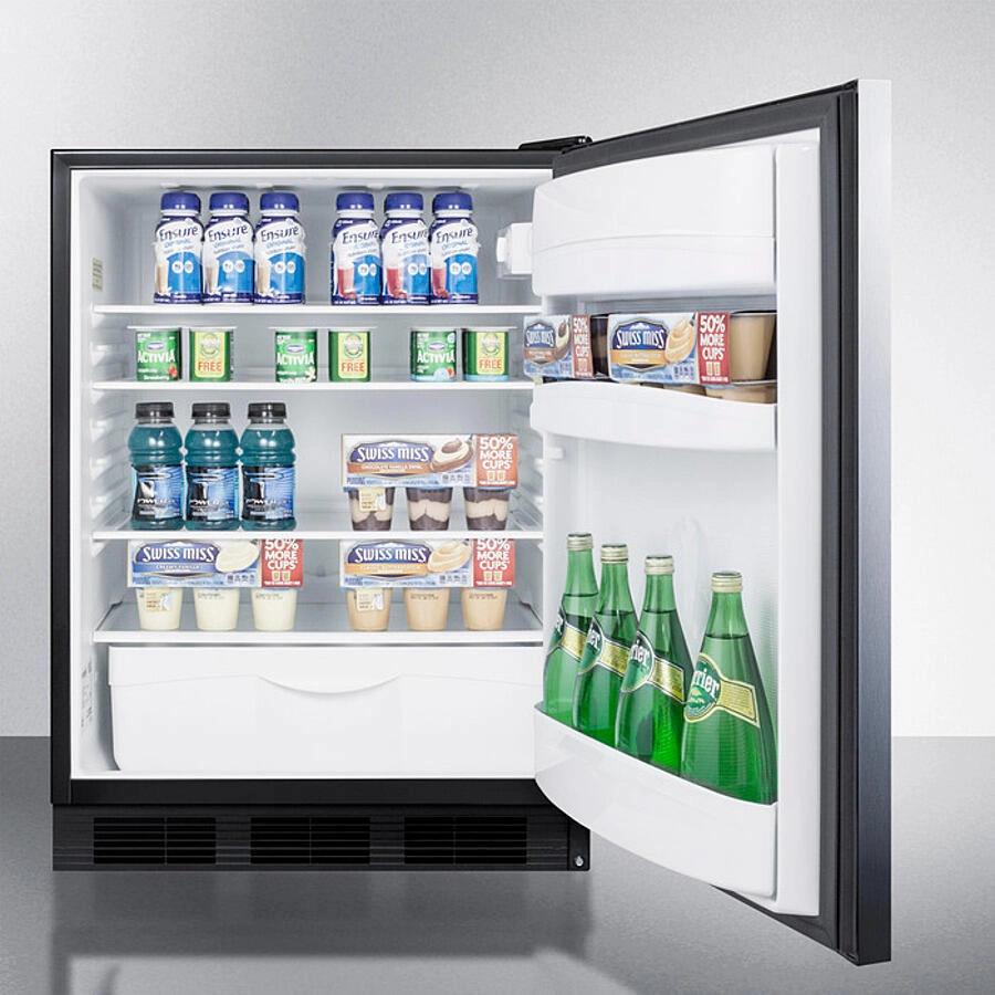 Summit FF6BKBI7SSHHADA Ada Compliant Commercial All-Refrigerator For Built-In General Purpose Use, Auto Defrost W/Stainless Steel Wrapped Door, Horizontal Handle, And Black Cabinet