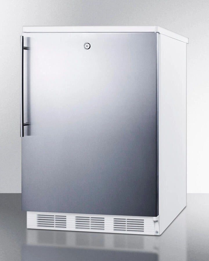 Summit FF6LBISSHV Built-In Undercounter All-Refrigerator For General Purpose Use W/Lock, Automatic Defrost, Stainless Steel Wrapped Door, Thin Handle, And White Cabinet