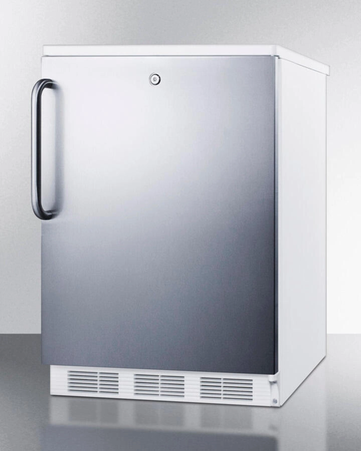 Summit FF6LBISSTB Built-In Undercounter All-Refrigerator For General Purpose Use W/Lock, Automatic Defrost, Stainless Steel Wrapped Door, Towel Bar Handle, And White Cabinet