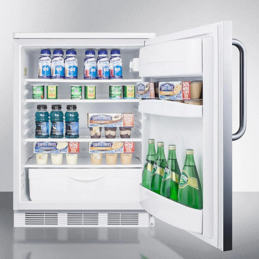 Summit FF6LBISSTB Built-In Undercounter All-Refrigerator For General Purpose Use W/Lock, Automatic Defrost, Stainless Steel Wrapped Door, Towel Bar Handle, And White Cabinet