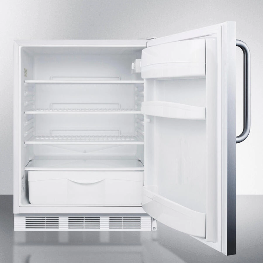Summit FF6LSSTBADA Ada Compliant All-Refrigerator For Freestanding General Purpose Use, Auto Defrost W/Lock, Ss Wrapped Door, Towel Bar Handle, And White Cabinet