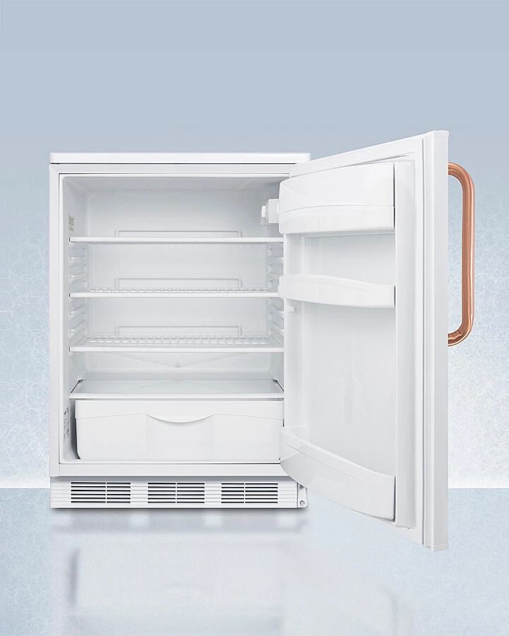 Summit FF6LWTBC Freestanding Counter Height All-Refrigerator For General Purpose Use, With Pure Copper Handle, Front Lock, Automatic Defrost Operation, And White Exterior