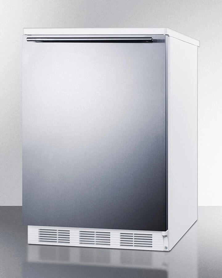 Summit FF6WSSHH Freestanding Counter Height All-Refrigerator For General Purpose Use, Auto Defrost W/Stainless Steel Wrapped Door, Horizontal Handle, And White Cabinet
