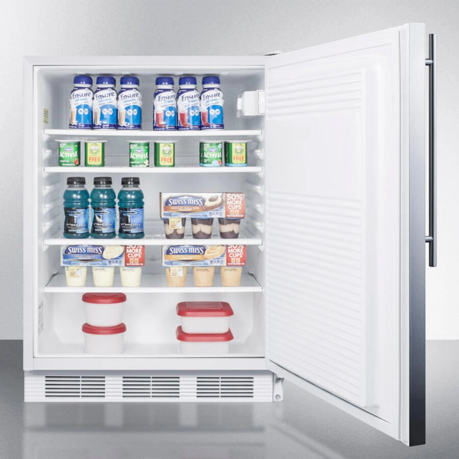 Summit FF7LSSHVADA Ada Compliant Commercial All-Refrigerator For Freestanding General Purpose Use, Auto Defrost W/Lock, Ss Door, Thin Handle, And White Cabinet