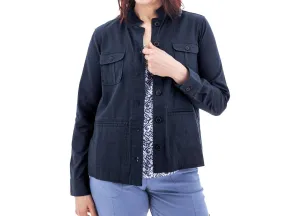 Temple Lightweight Utility Woven Button Front Jacket In Black Iris