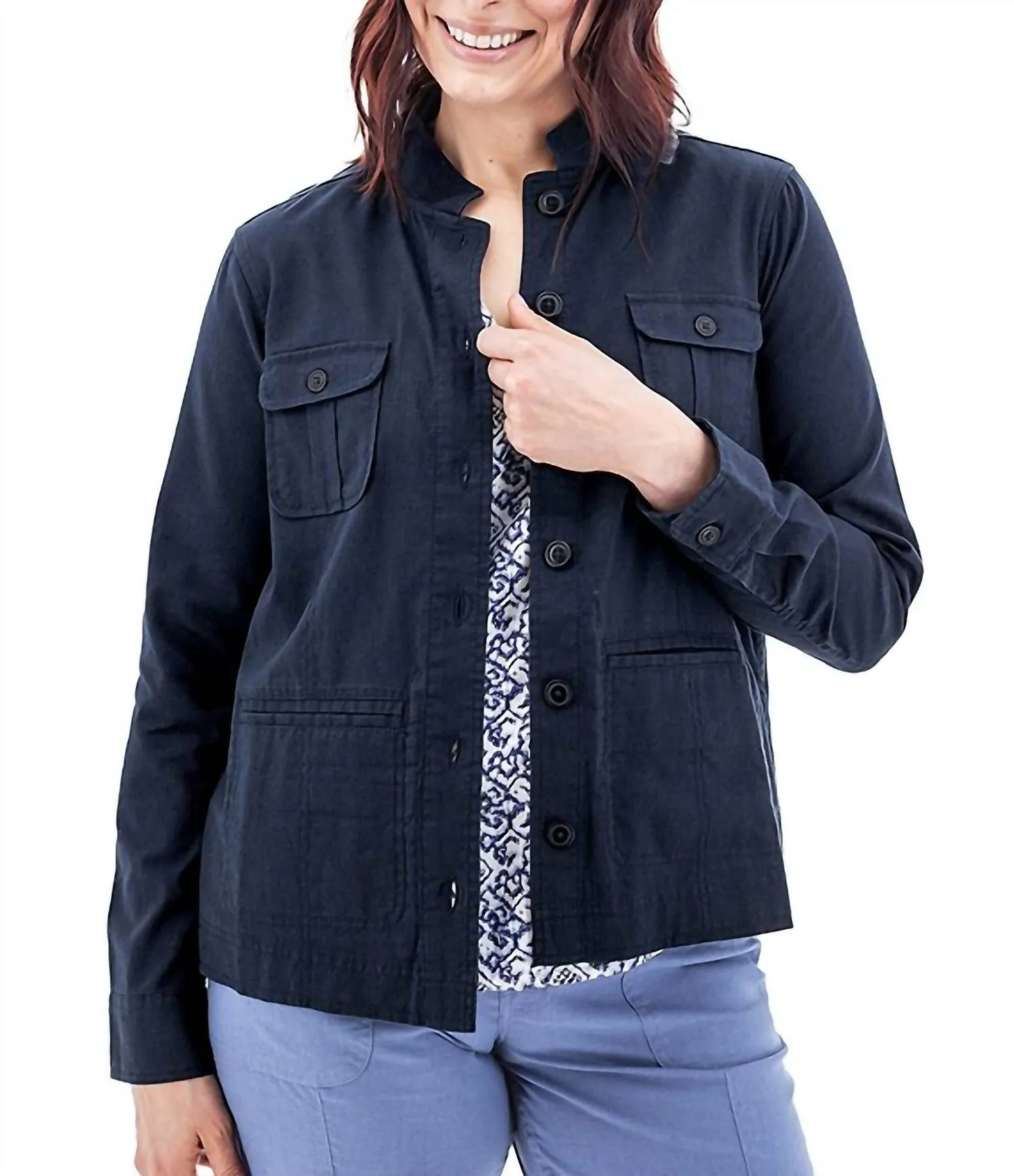 Temple Lightweight Utility Woven Button Front Jacket In Black Iris