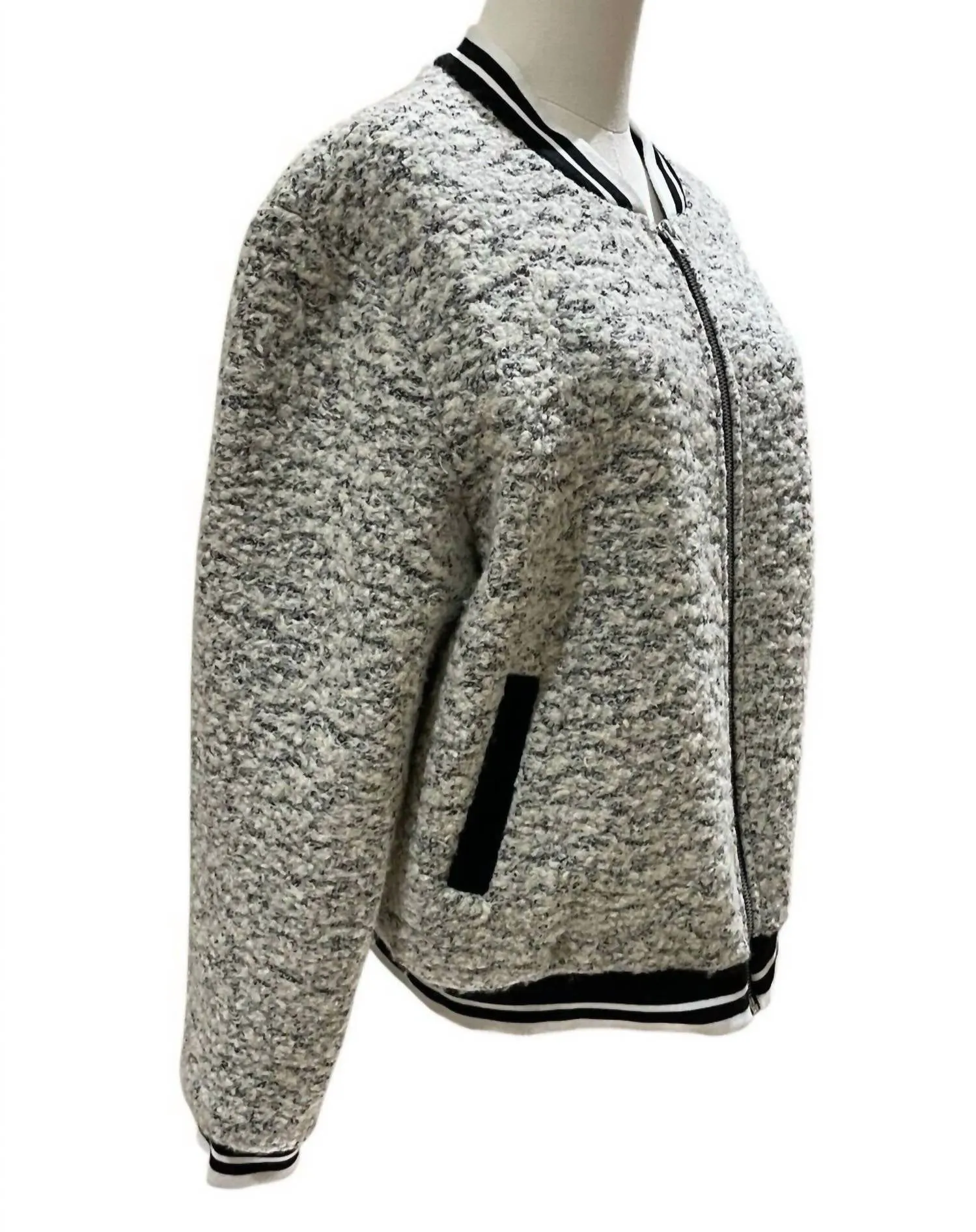 Women's Cashmere Blend Boucle Winter Varsity Style Bomber Jacket In Gray