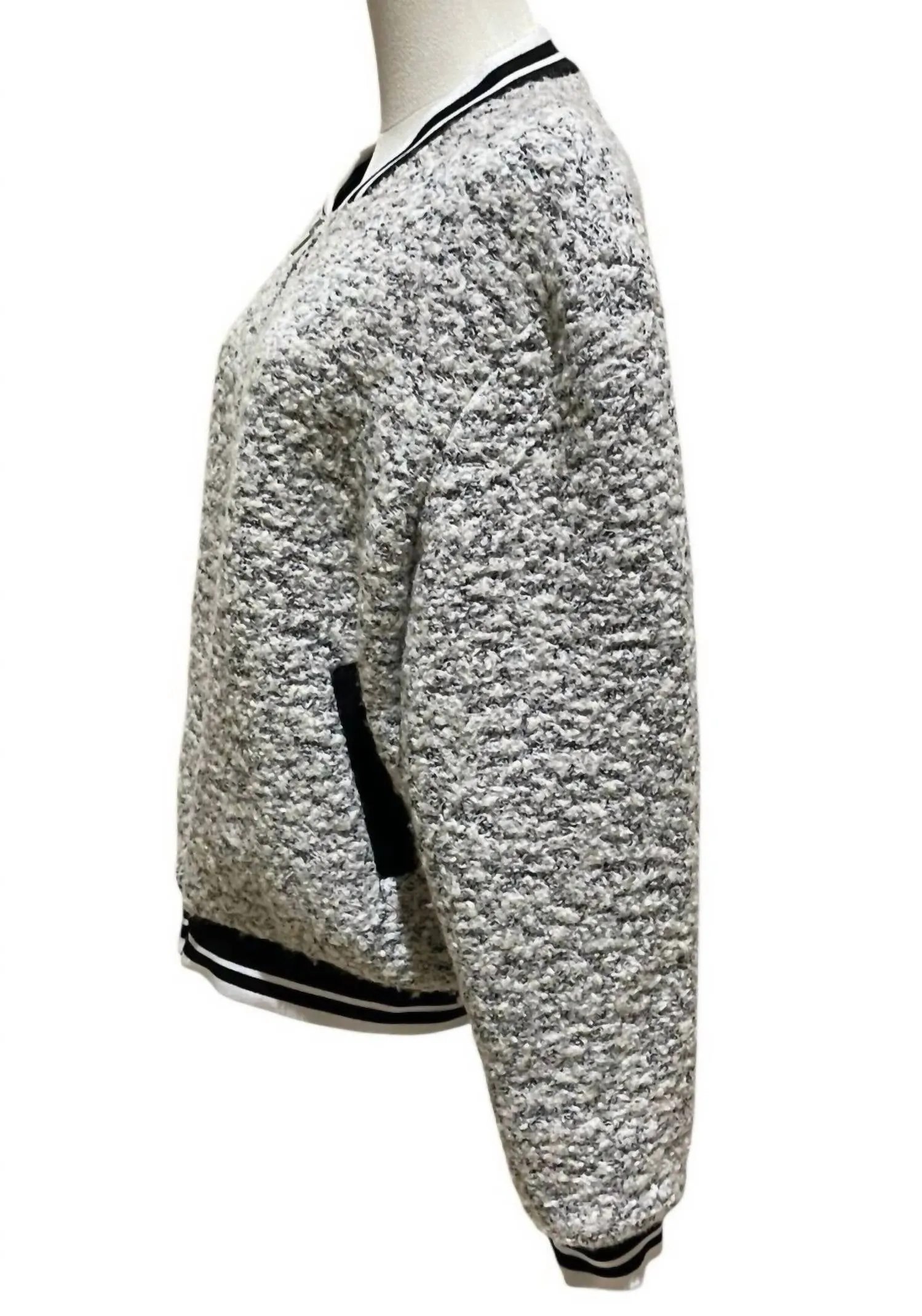 Women's Cashmere Blend Boucle Winter Varsity Style Bomber Jacket In Gray