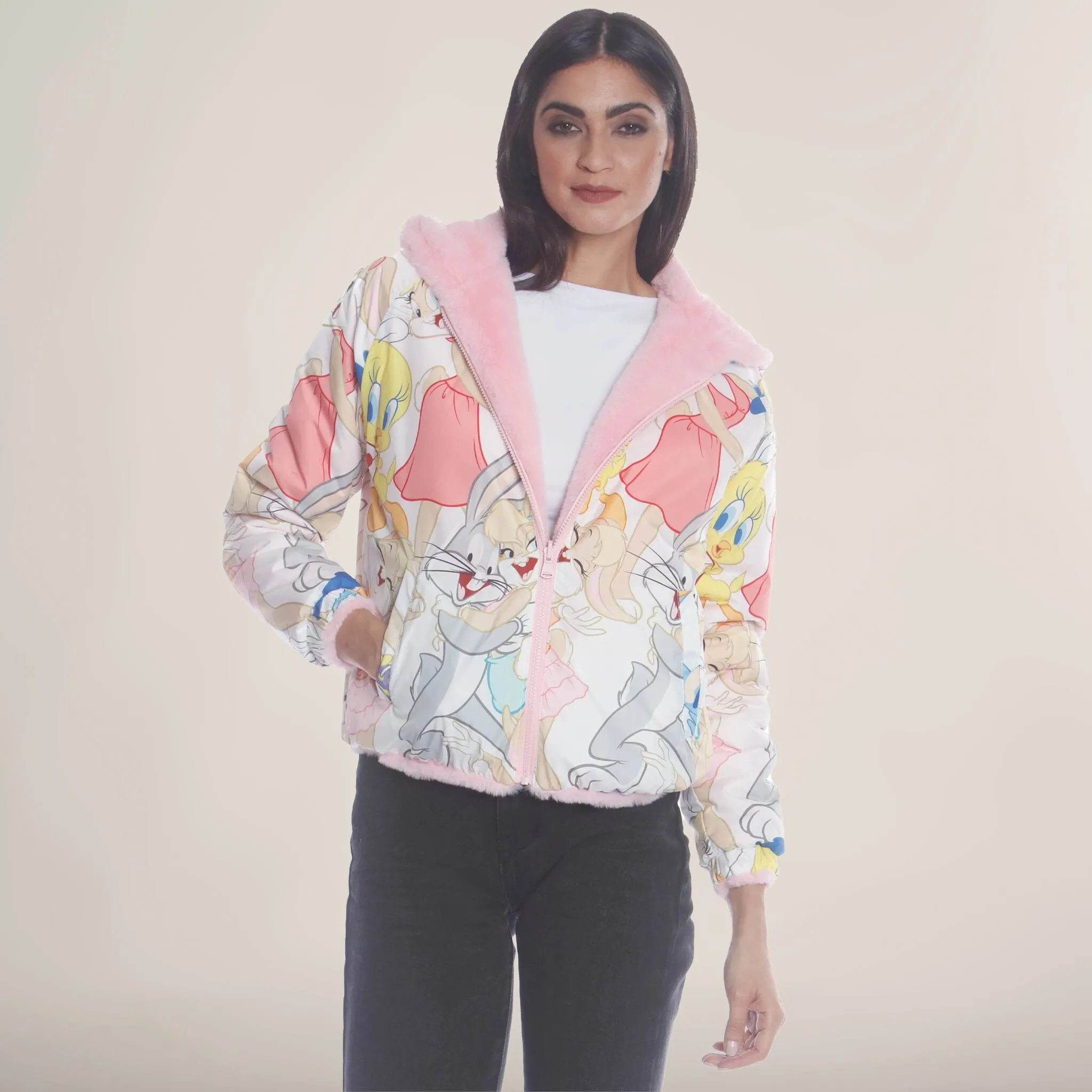 Women's  Faux Rabbit Fur Reversible Bomber Looney Tunes Satin Mashup Print Lining Jacket