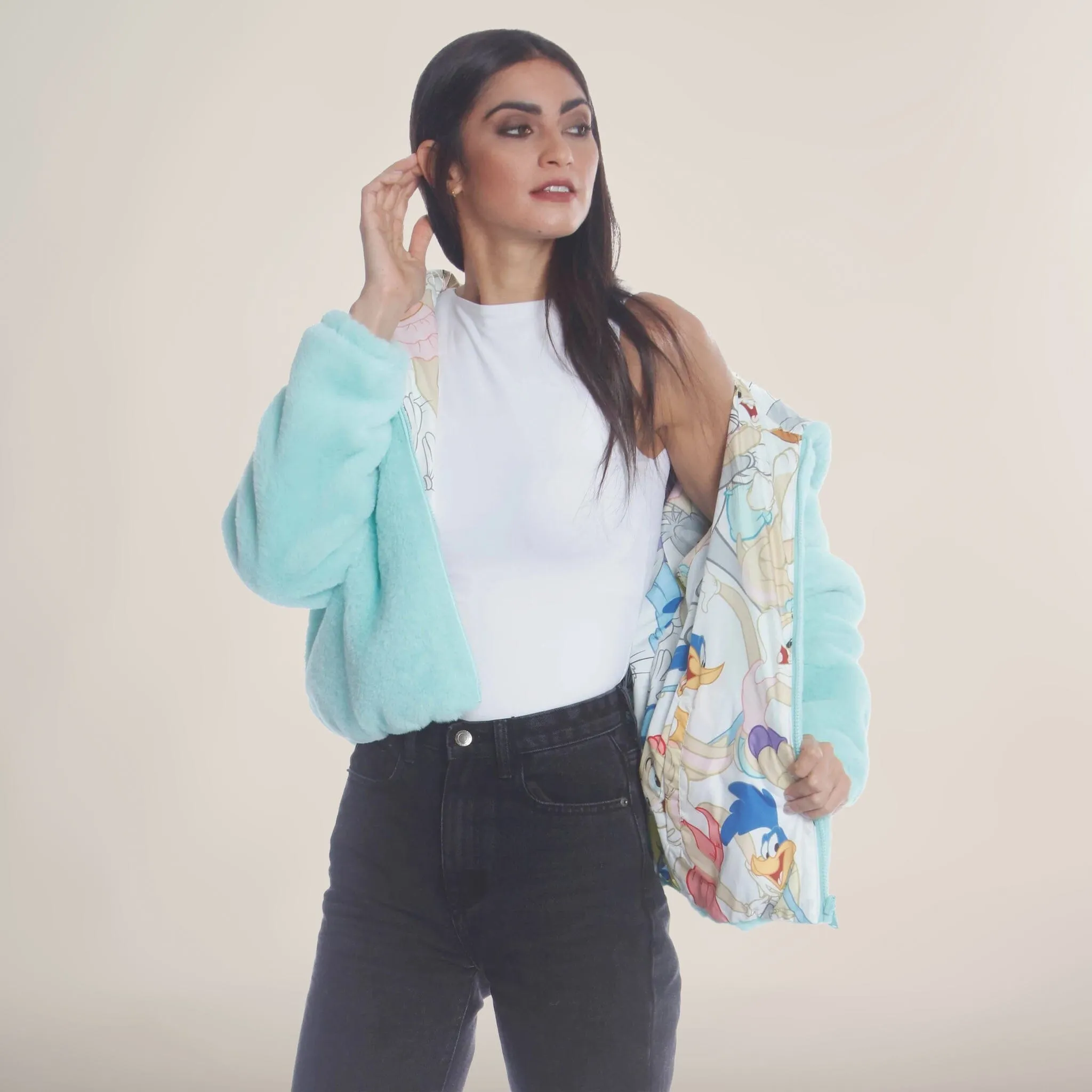 Women's  Faux Rabbit Fur Reversible Bomber Looney Tunes Satin Mashup Print Lining Jacket