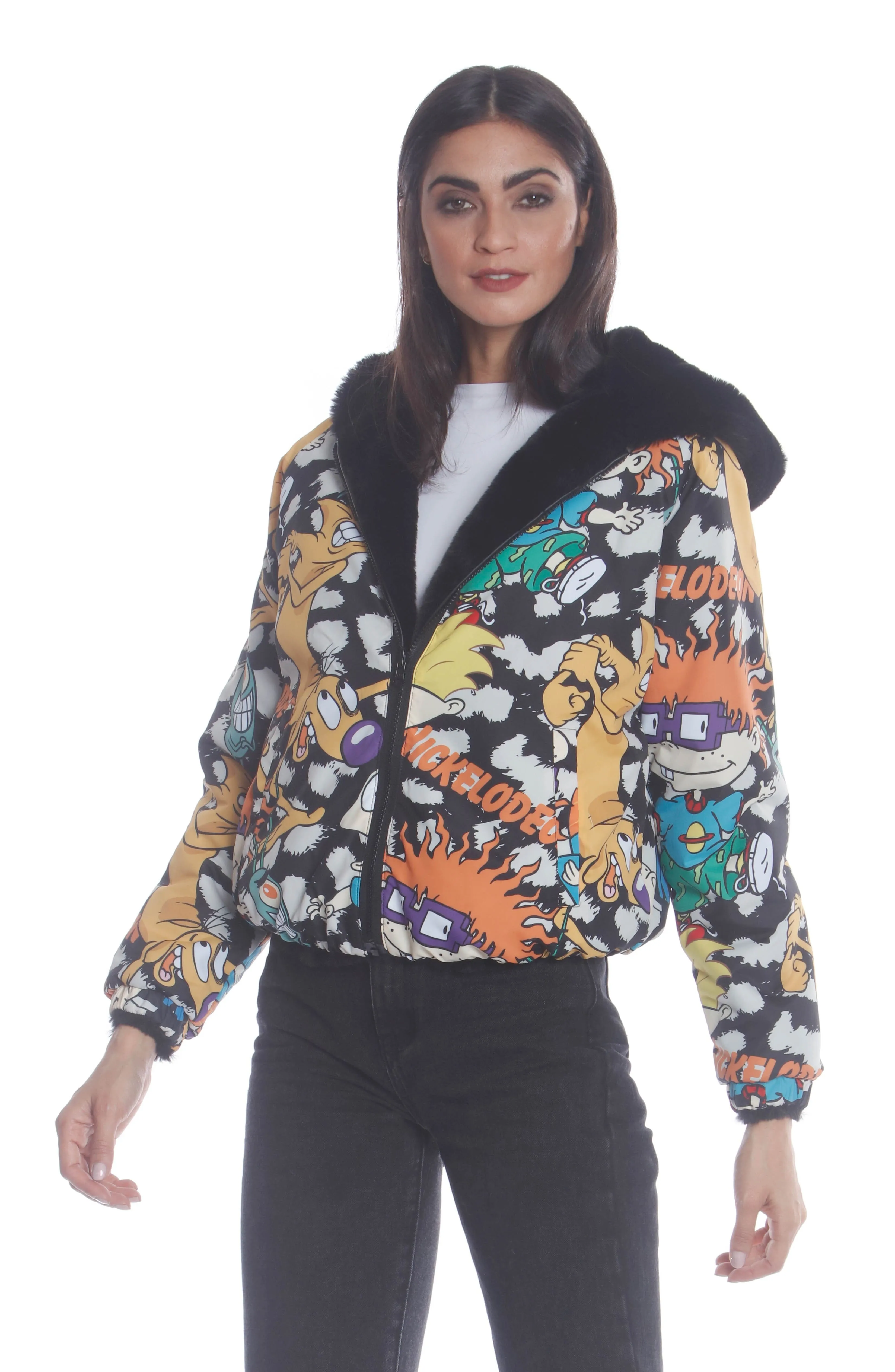 Women's  Faux Rabbit Fur Reversible Bomber Looney Tunes Satin Mashup Print Lining Jacket