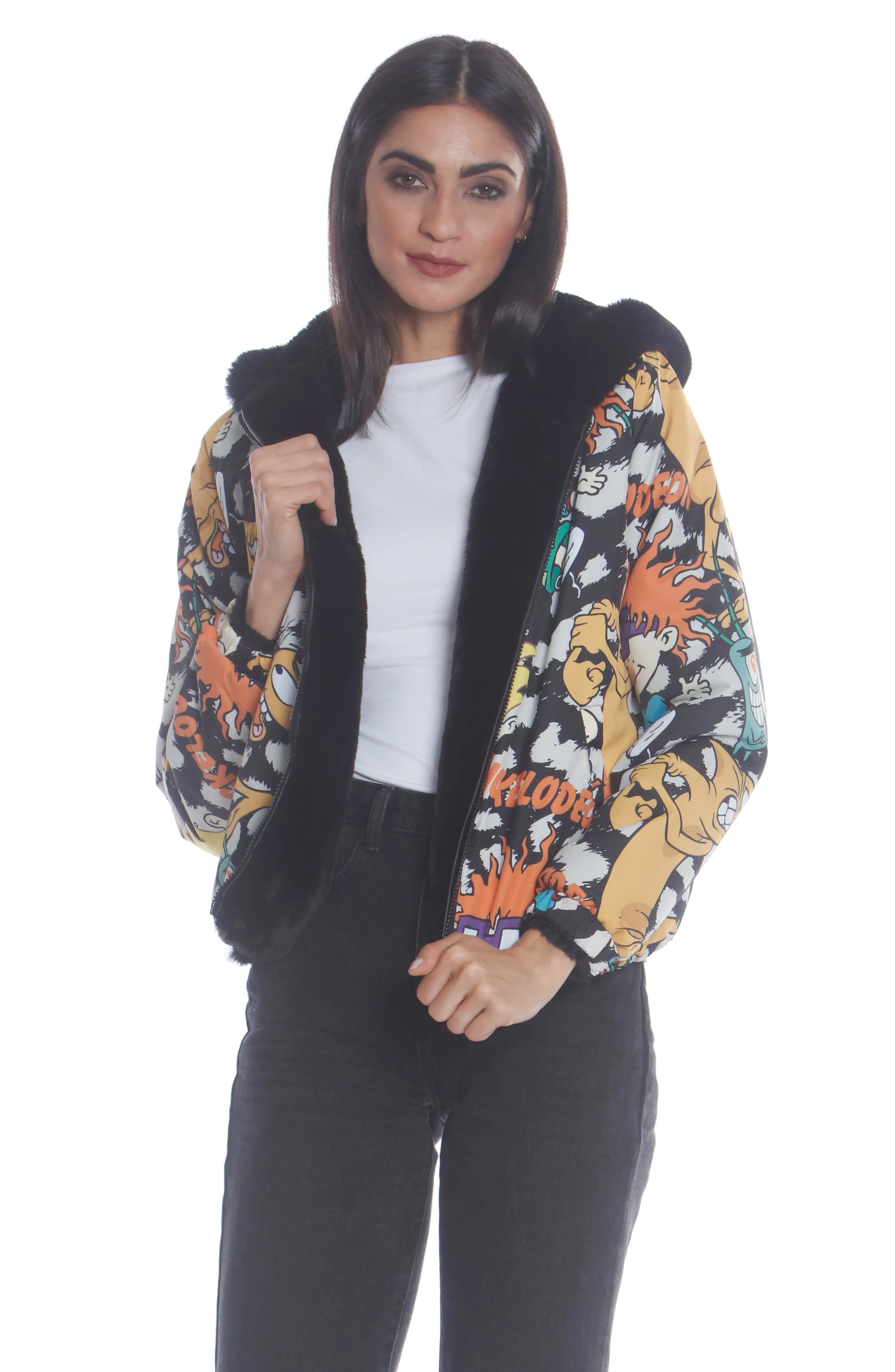 Women's  Faux Rabbit Fur Reversible Bomber Looney Tunes Satin Mashup Print Lining Jacket