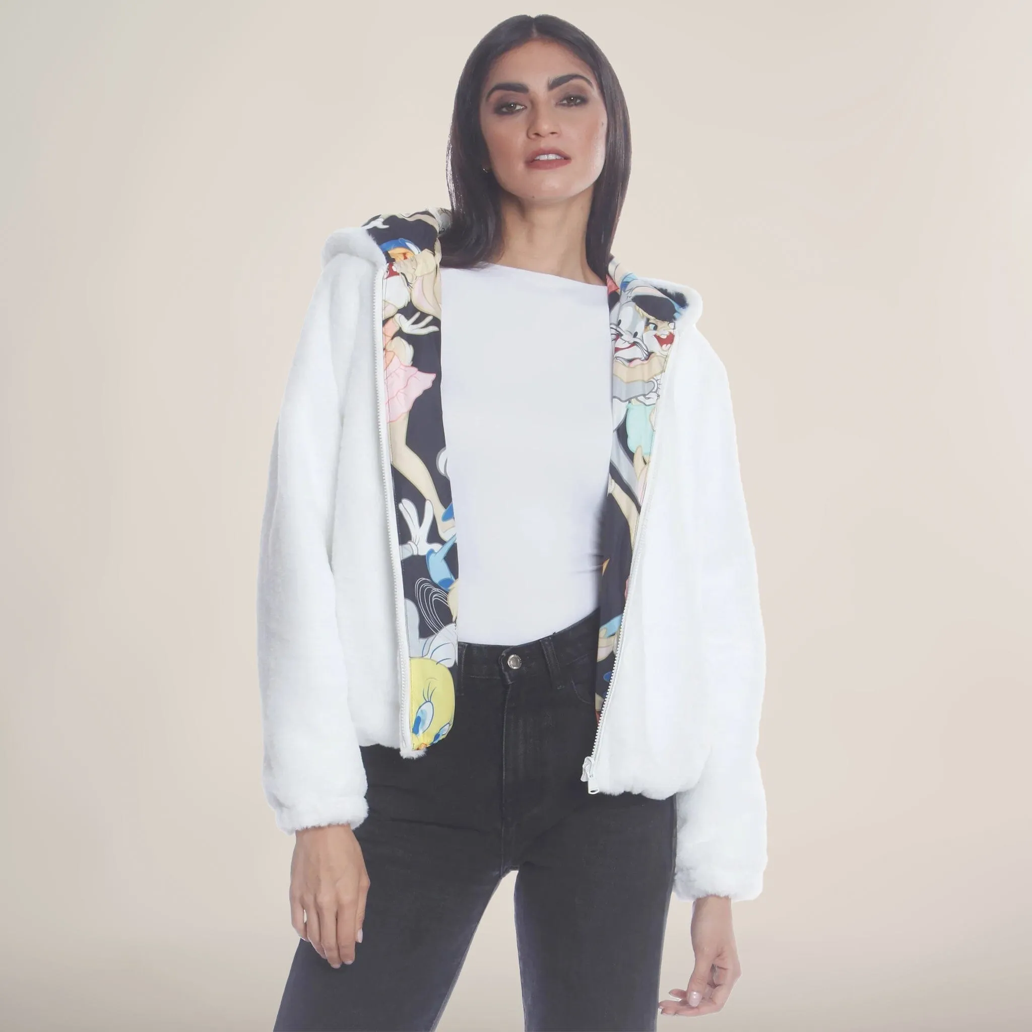 Women's  Faux Rabbit Fur Reversible Bomber Looney Tunes Satin Mashup Print Lining Jacket