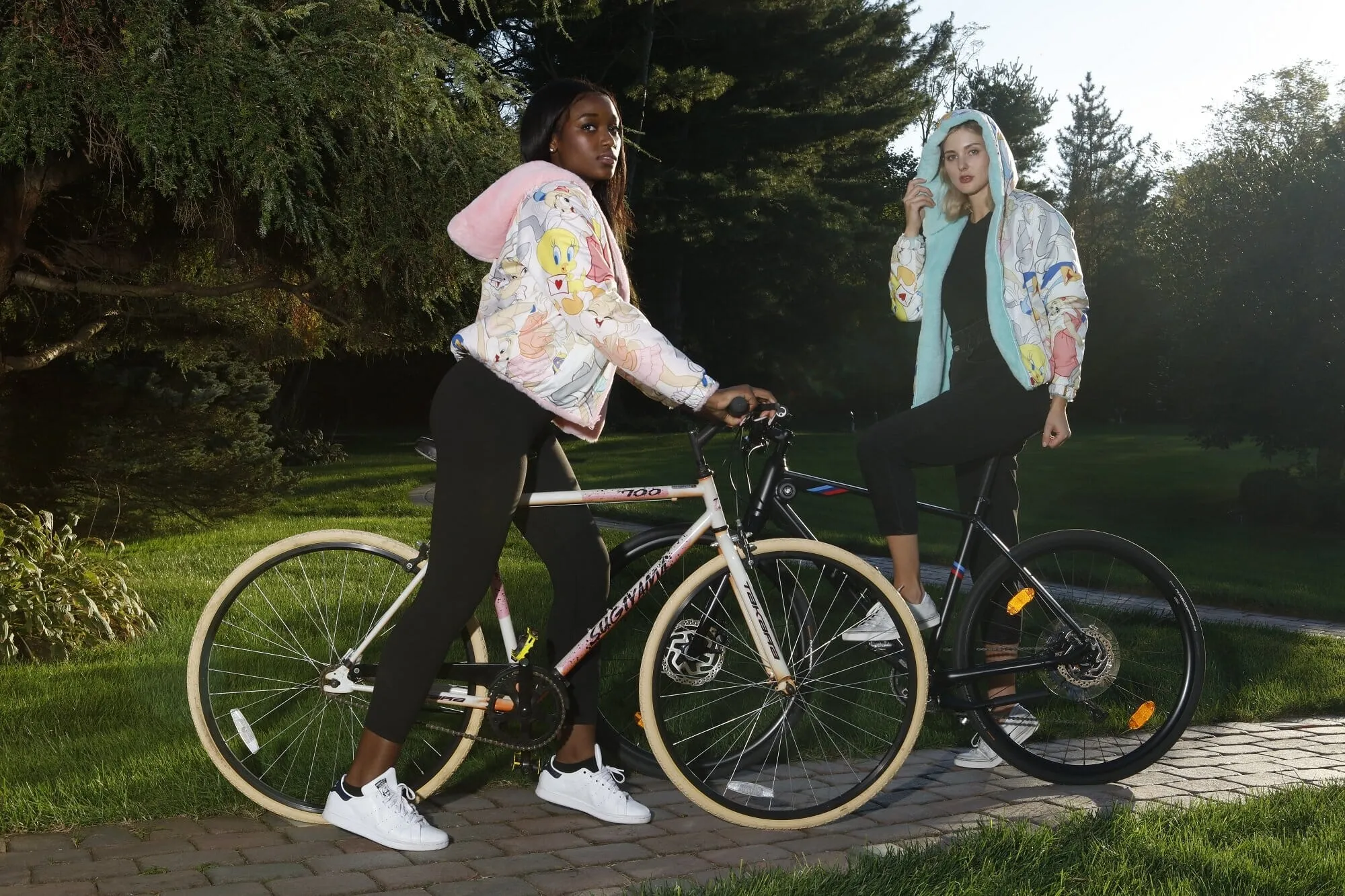 Women's  Faux Rabbit Fur Reversible Bomber Looney Tunes Satin Mashup Print Lining Jacket