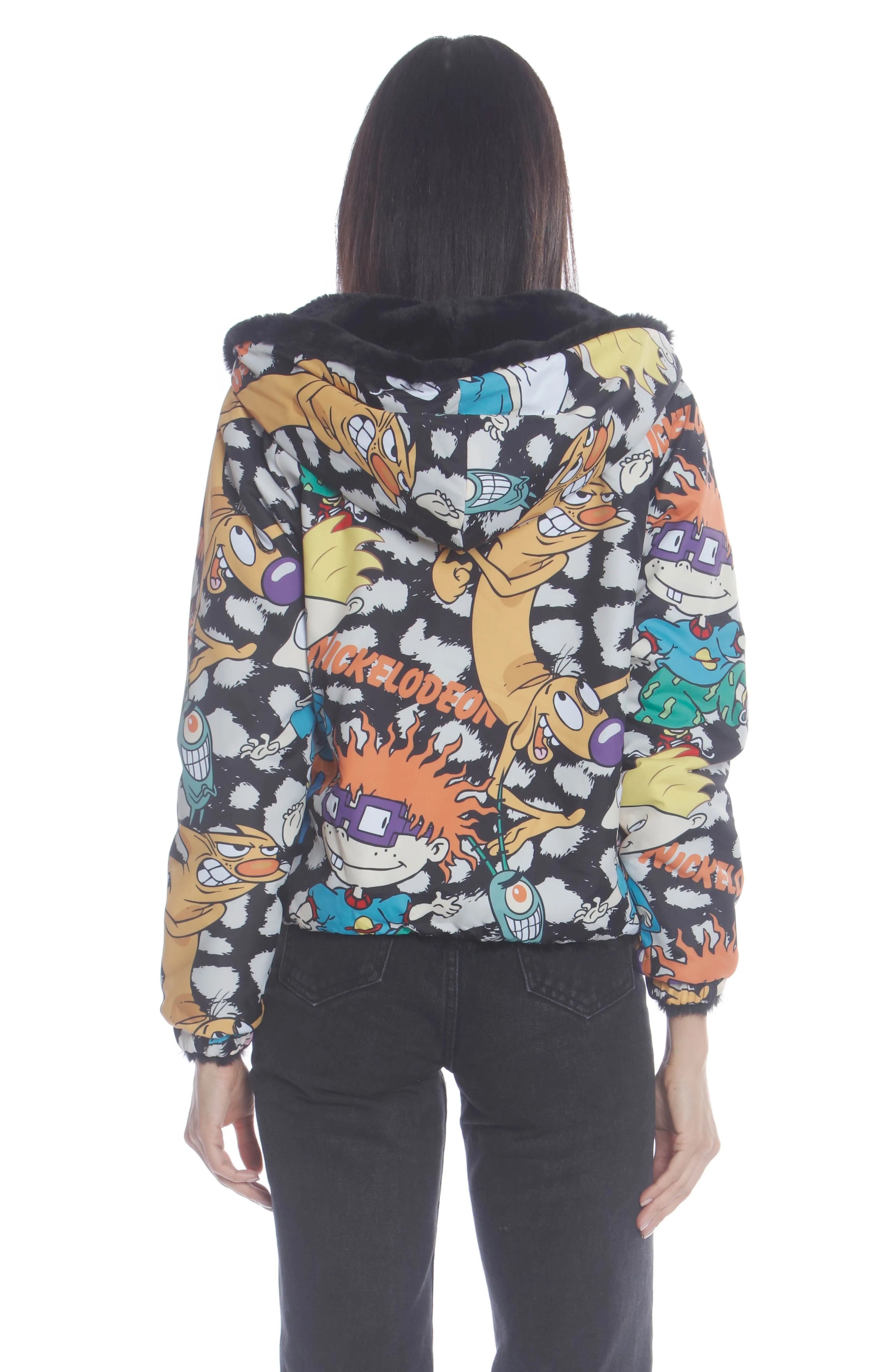 Women's  Faux Rabbit Fur Reversible Bomber Looney Tunes Satin Mashup Print Lining Jacket