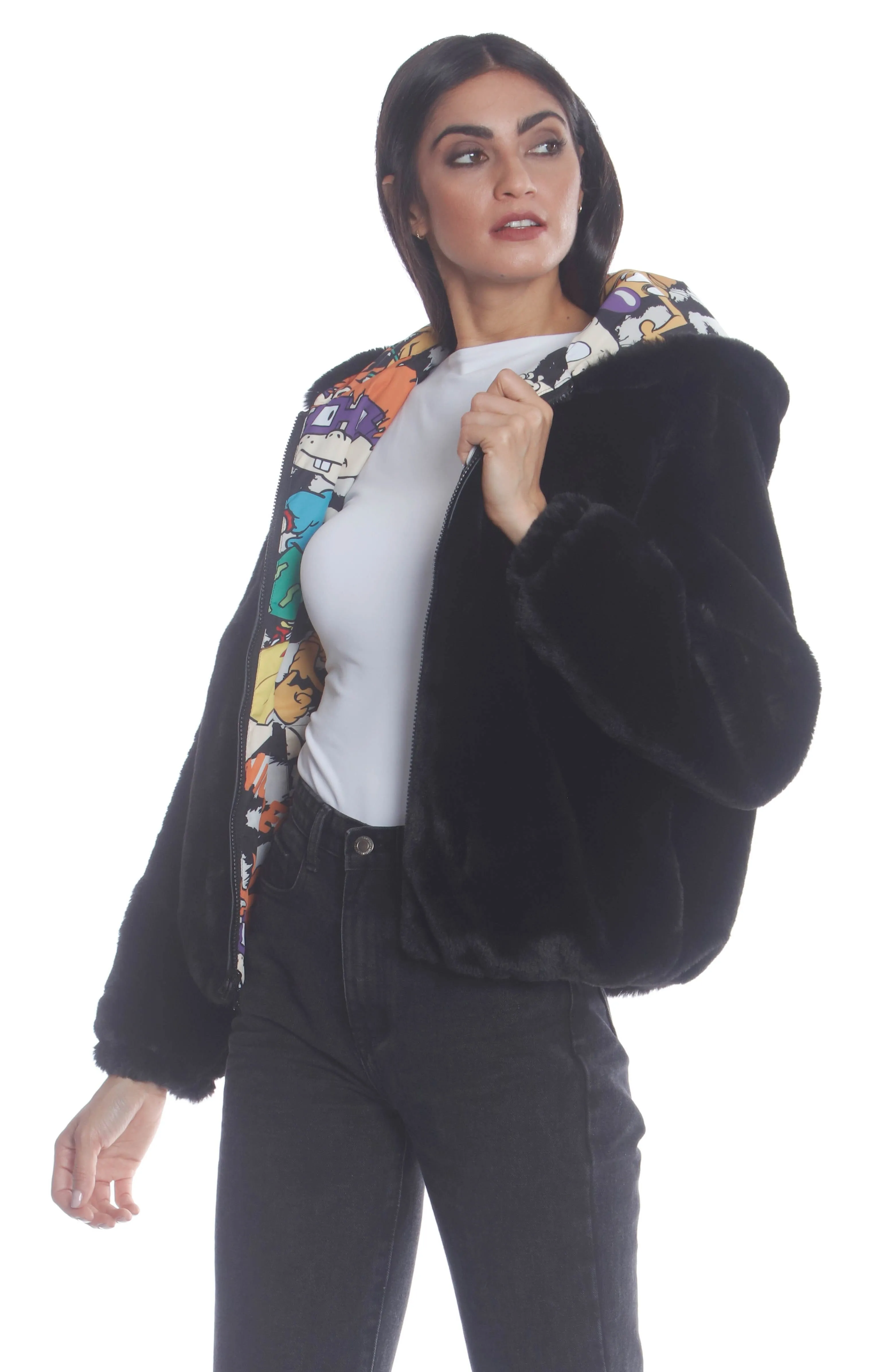Women's  Faux Rabbit Fur Reversible Bomber Looney Tunes Satin Mashup Print Lining Jacket