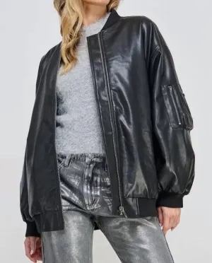 Zip Up Pockets Pu Faux Leather Bomber Jacket In Black