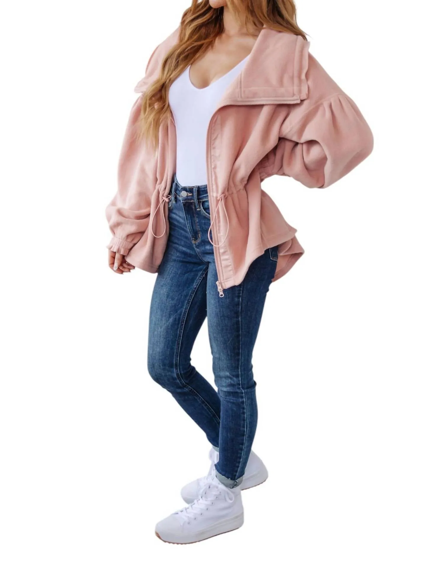 Zipped And Cinched Zip Up Jacket In Pink